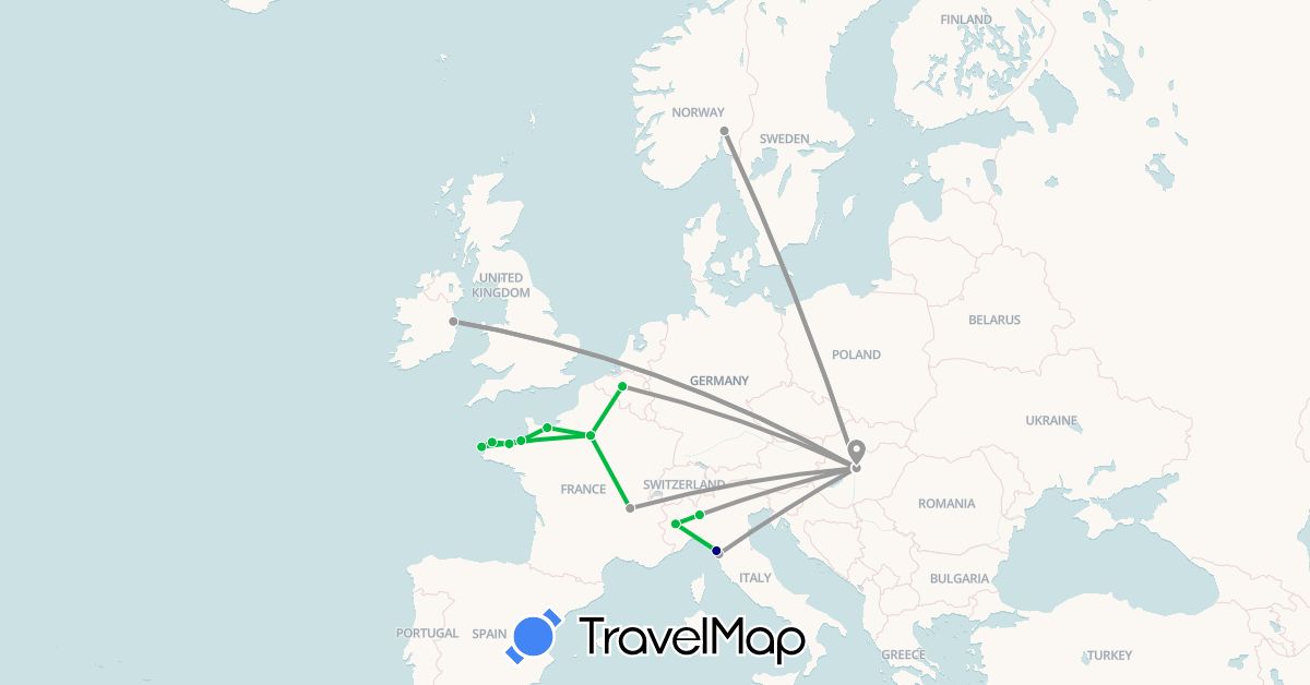TravelMap itinerary: driving, bus, plane in Belgium, France, Hungary, Ireland, Italy, Norway (Europe)